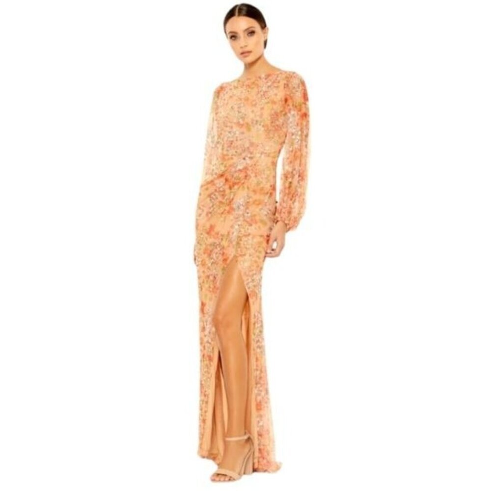 Mac Duggal Peach Floral Sequin Long Sleeve Gown with High Slit
